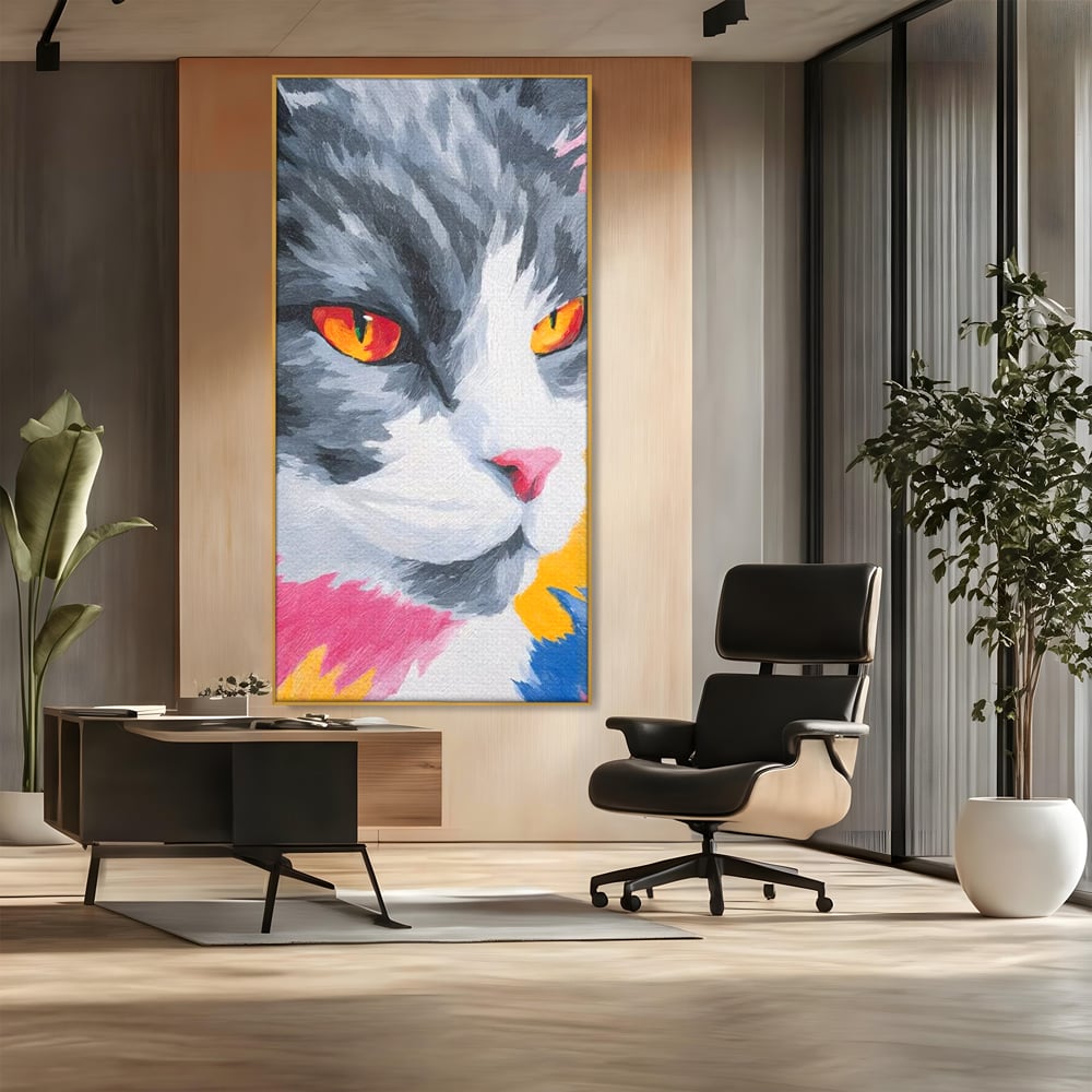 Tablou canvas cu tablou canvas cu portret de pisica, in rama de aluminiu auriu, pe perete intr-un birou